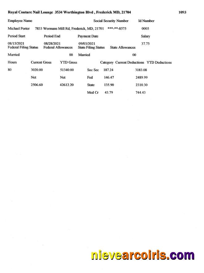 ROYAL COUTURE NAIL LOUNGE pay stub